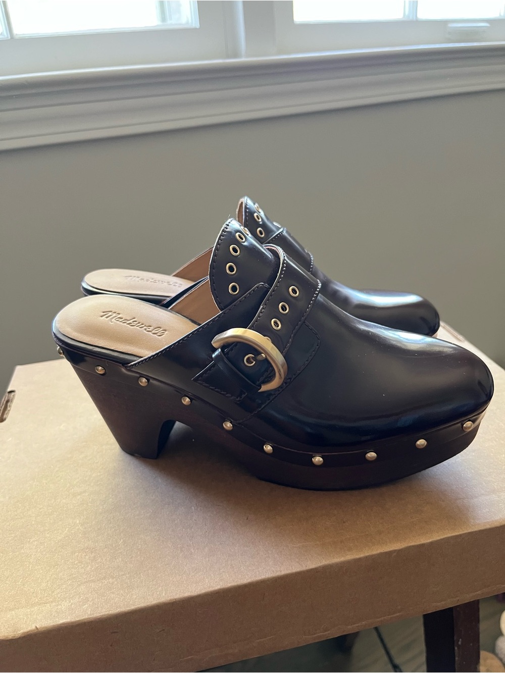 Madewell Brown Leather Studded Buckle Clog Mules
